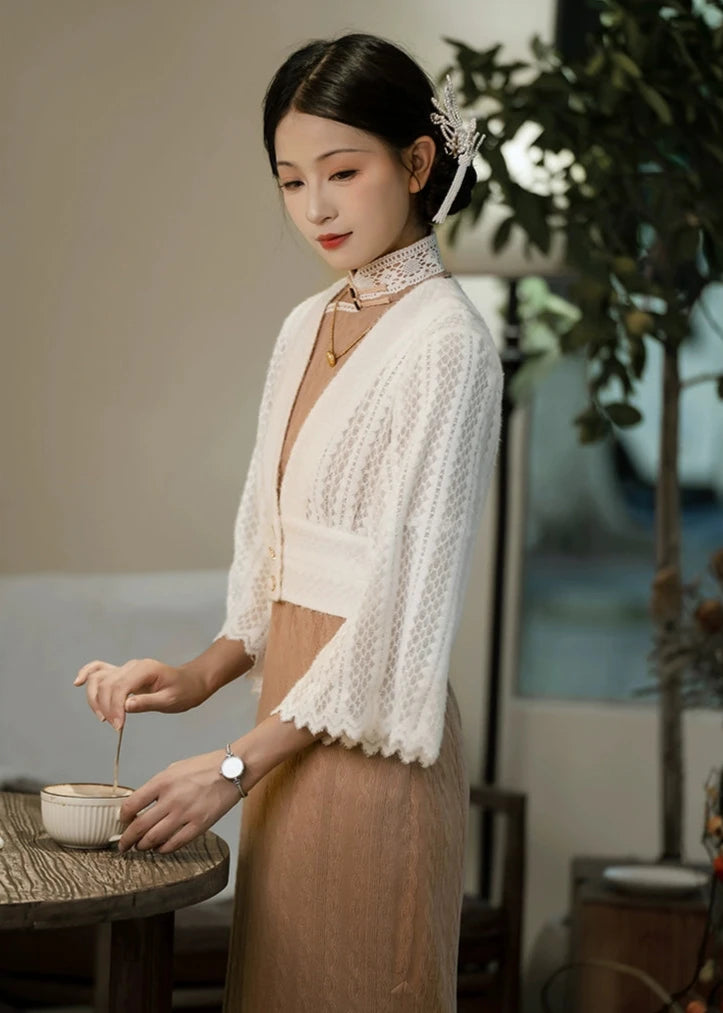 Xue Hua 雪花 Snowflake Republic of China Knitted Lace Qipao Cardigan