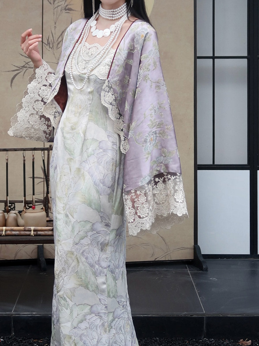 Zi Zhi 紫栀 Purple Gardenia Neo Chinese Lace Hezi Dress & Cardigan Set