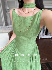 Huanghun Meigui 黄昏玫瑰 Dawn Rose New Chinese Style Sleeveless Vintage Boat Neck Flared Dress