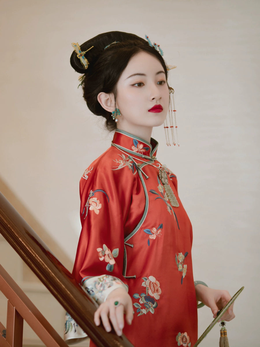 Zheng Fangchun 正芳春 Bright Spring 1920s Mulberry Silk Embroidered Wedding Qipao