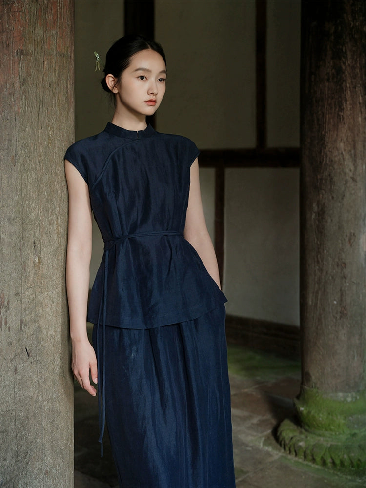 Lan Su 蓝溯 Tracing Blue New Chinese Style Summer Tencel Linen Qipao Top & Skirt Set
