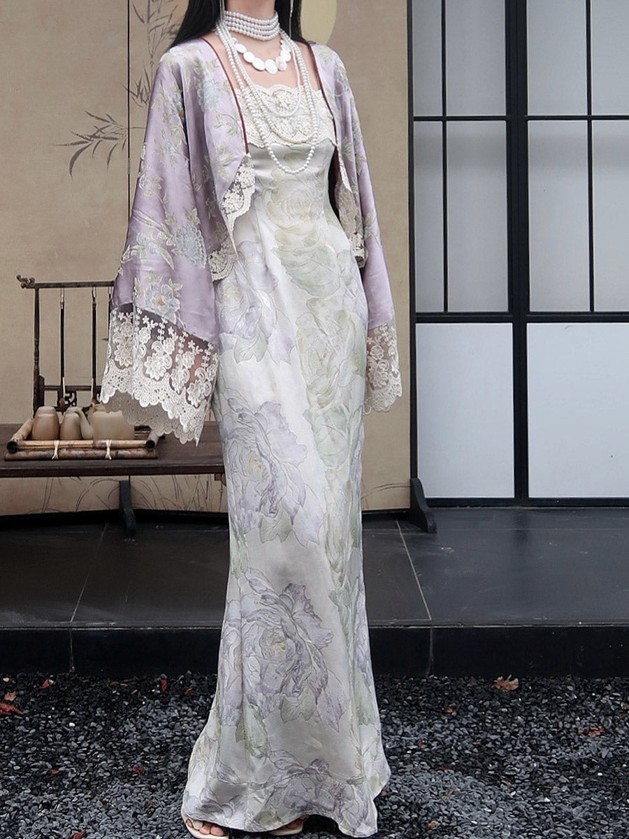 Zi Zhi 紫栀 Purple Gardenia Neo Chinese Lace Hezi Dress & Cardigan Set