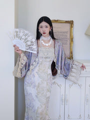 Zi Zhi 紫栀 Purple Gardenia Neo Chinese Lace Hezi Dress & Cardigan Set