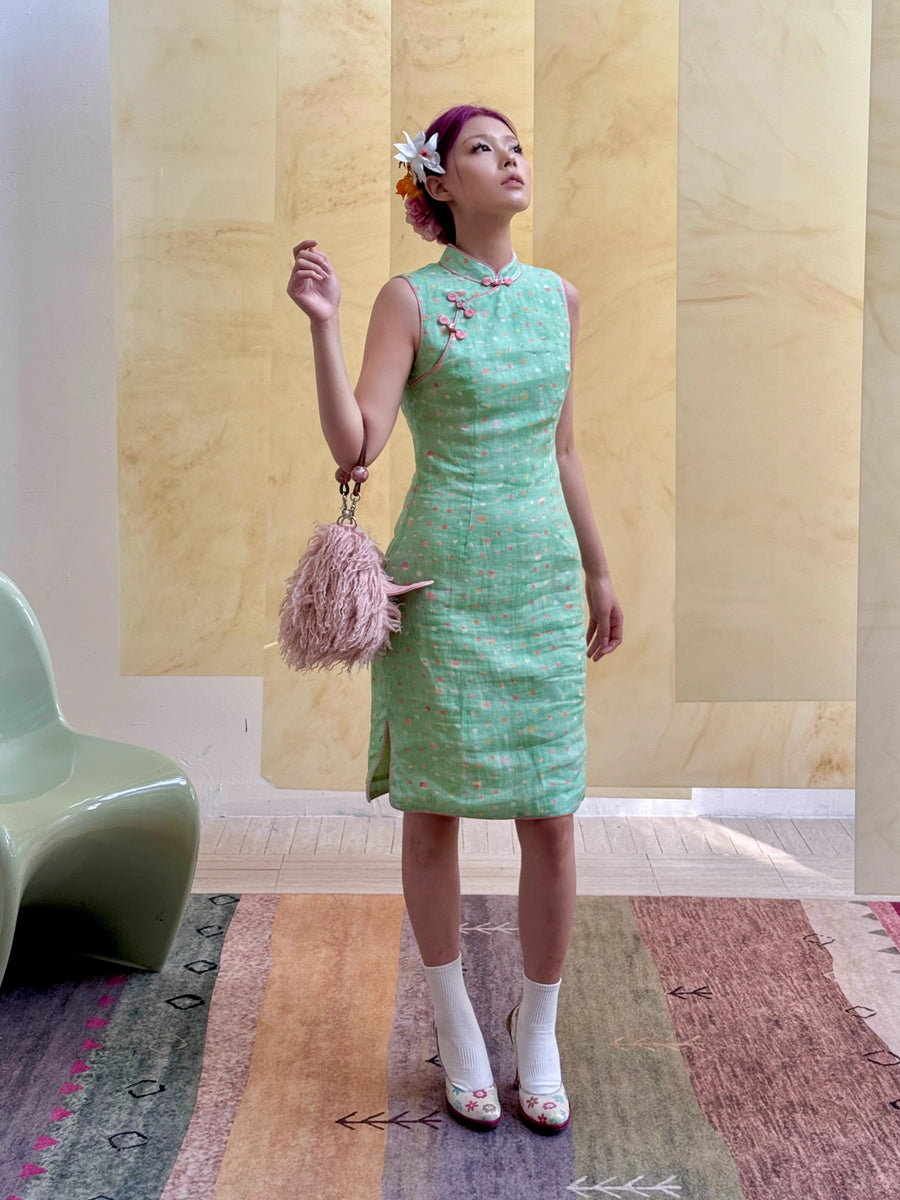 Xin Xian 新鲜 Fresh Greens New Chinese Style Pure Ramie Midi Sleeveless Qipao