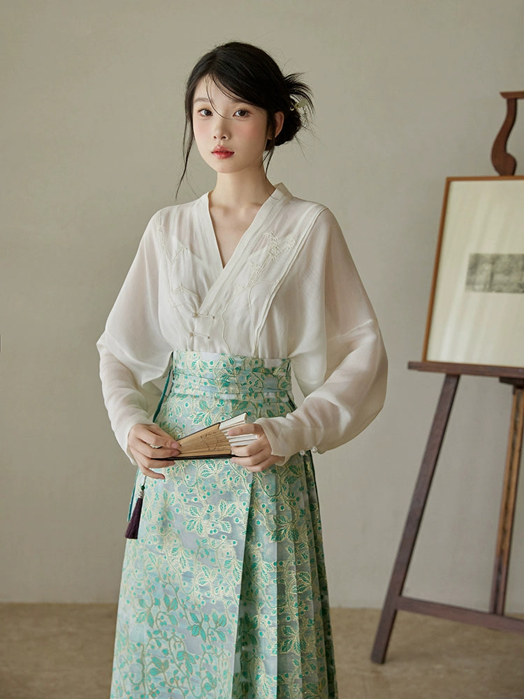 Ting Lan 汀兰 Thin Land Modern Ming Qipao Gilded Leaf Mamian Skirt & Top Set