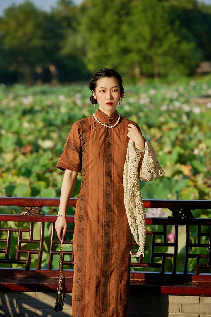 Yin Xin 银杏 Gingko Leaf 1920s Cotton Linen Bell Sleeve Qipao