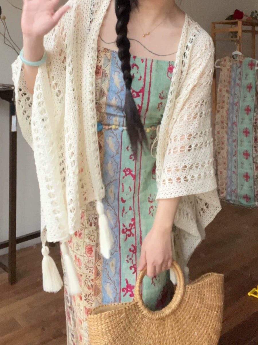 Trip to Dali 去大理 New Chinese Style Ancient Patchwork Beaded Collarless Qipao & Shawl Set