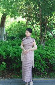 Hai Tang 海棠 Begonia Republic of China Geometric Print Pure Cotton Cap Sleeve Qipao