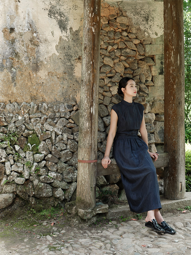 Lan Su 蓝溯 Tracing Blue New Chinese Style Summer Tencel Linen Qipao Top & Skirt Set