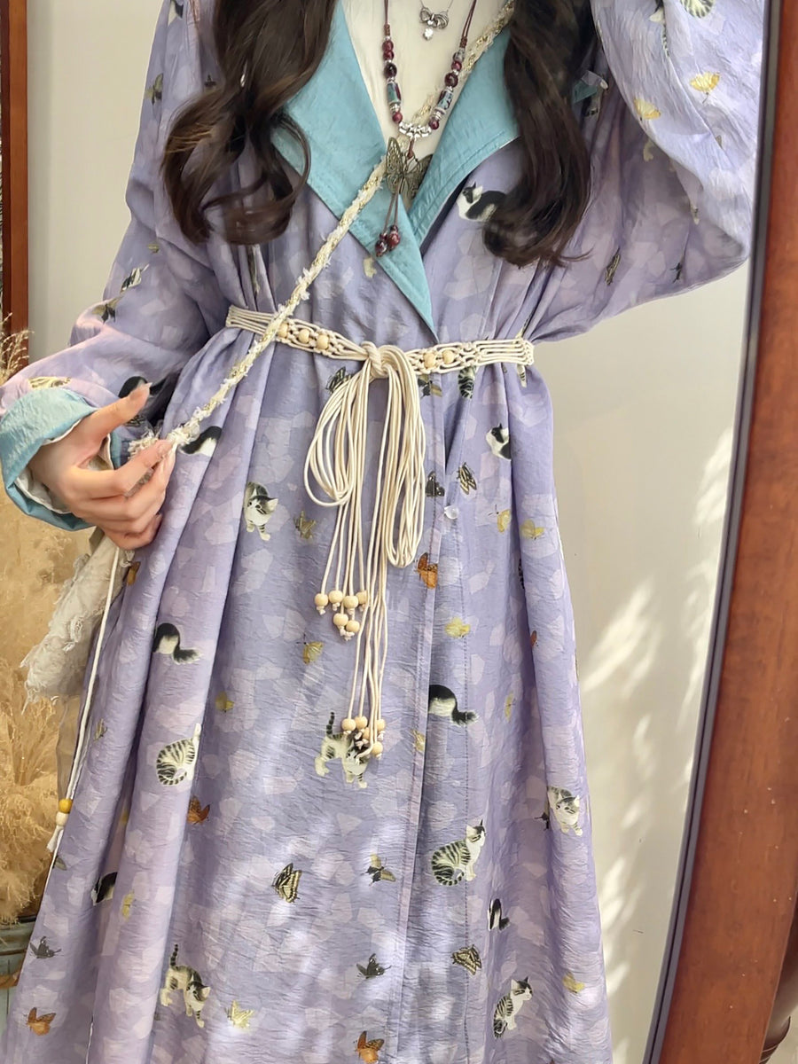 Maomao 猫猫 Kitten Modernized Tang Dynasty Cat Print Yuanlingpao Round Collar Robe