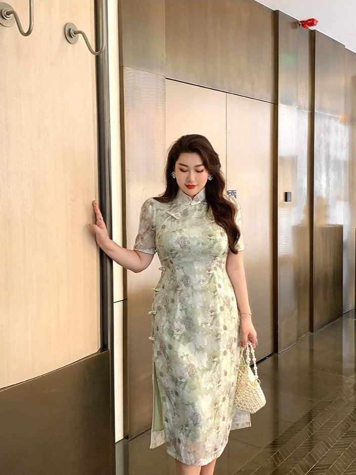 Hujiao Bohe 胡椒薄荷 Peppermint Plus Size Modernized Sheer Lace Short Sleeve Qipao