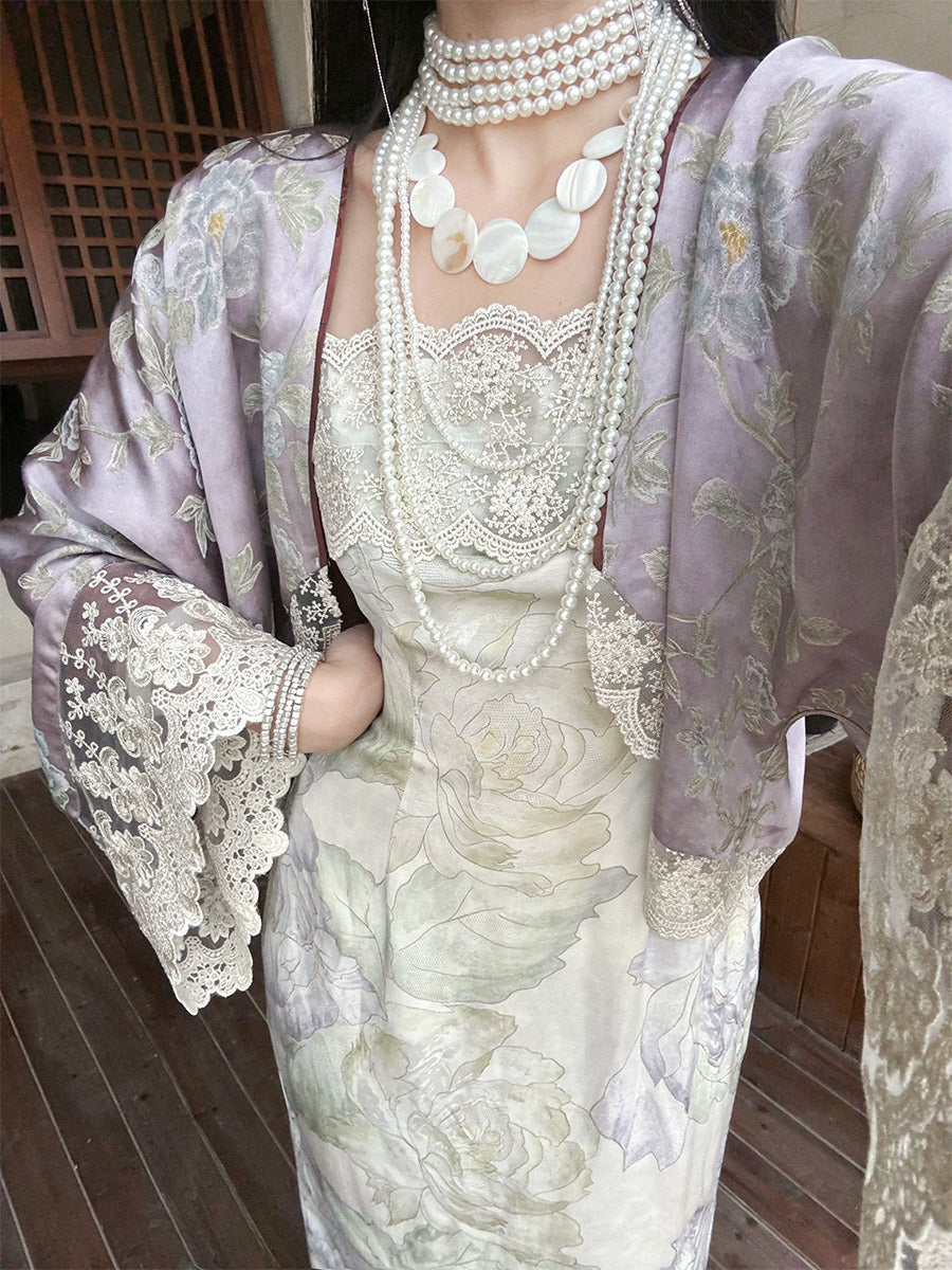 Zi Zhi 紫栀 Purple Gardenia Neo Chinese Lace Hezi Dress & Cardigan Set