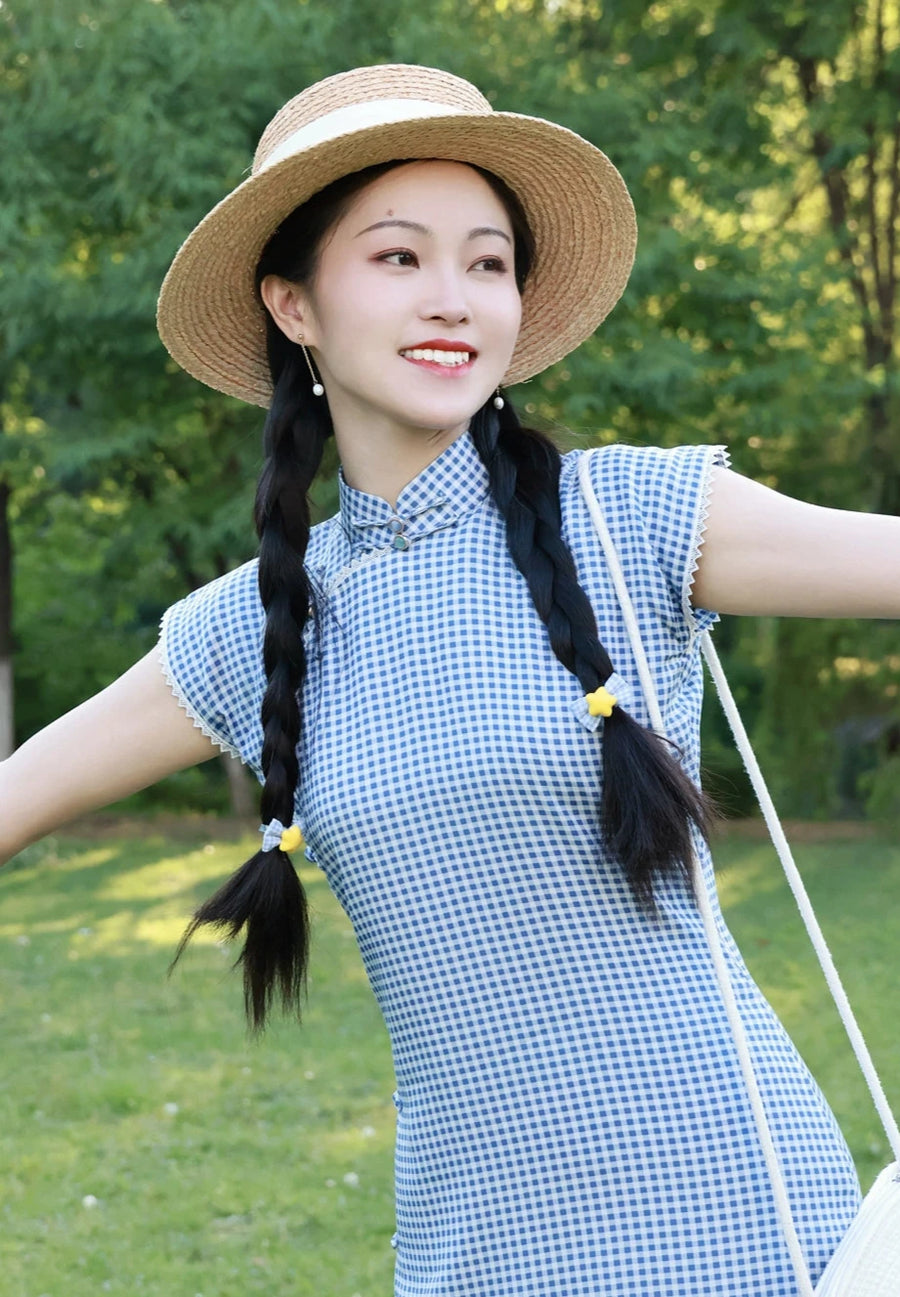 Bing Lan 冰蓝 Icy Blue 1930s Gingham & Lace Cap Sleeve Qipao