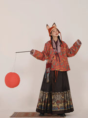 Song Chi 松弛 Relaxed Fit Modernized Ming Dynasty Padded Floral Duijin Ao Winter Coat & Deer Mamian Skirt Set