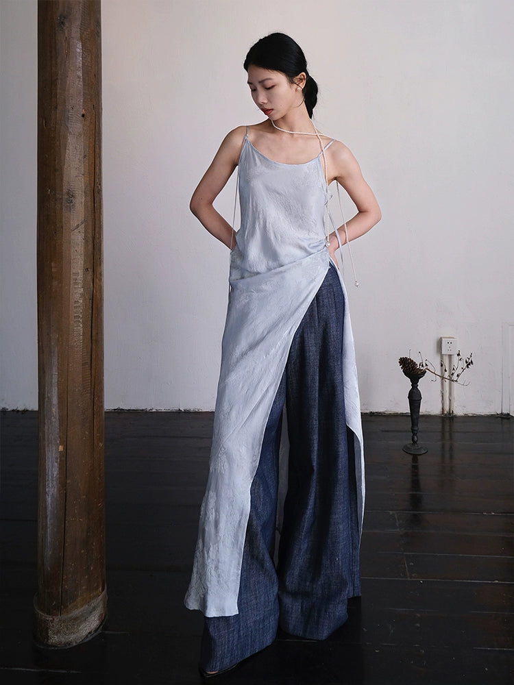 Yushu Luo 玉黍螺 Periwinkle New Chinese Style Bias Cut Satin Jacquard Two-Way Dress