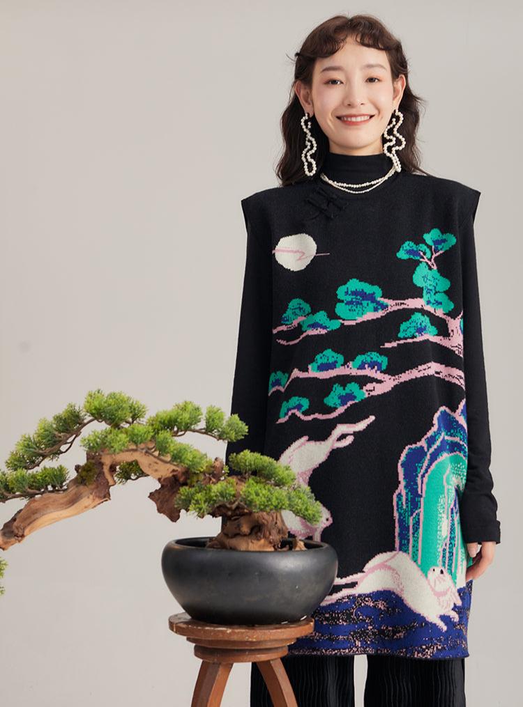 Xi Nao 嬉闹 Frolicking Rabbits New Chinese Style Knit Sweater Vest