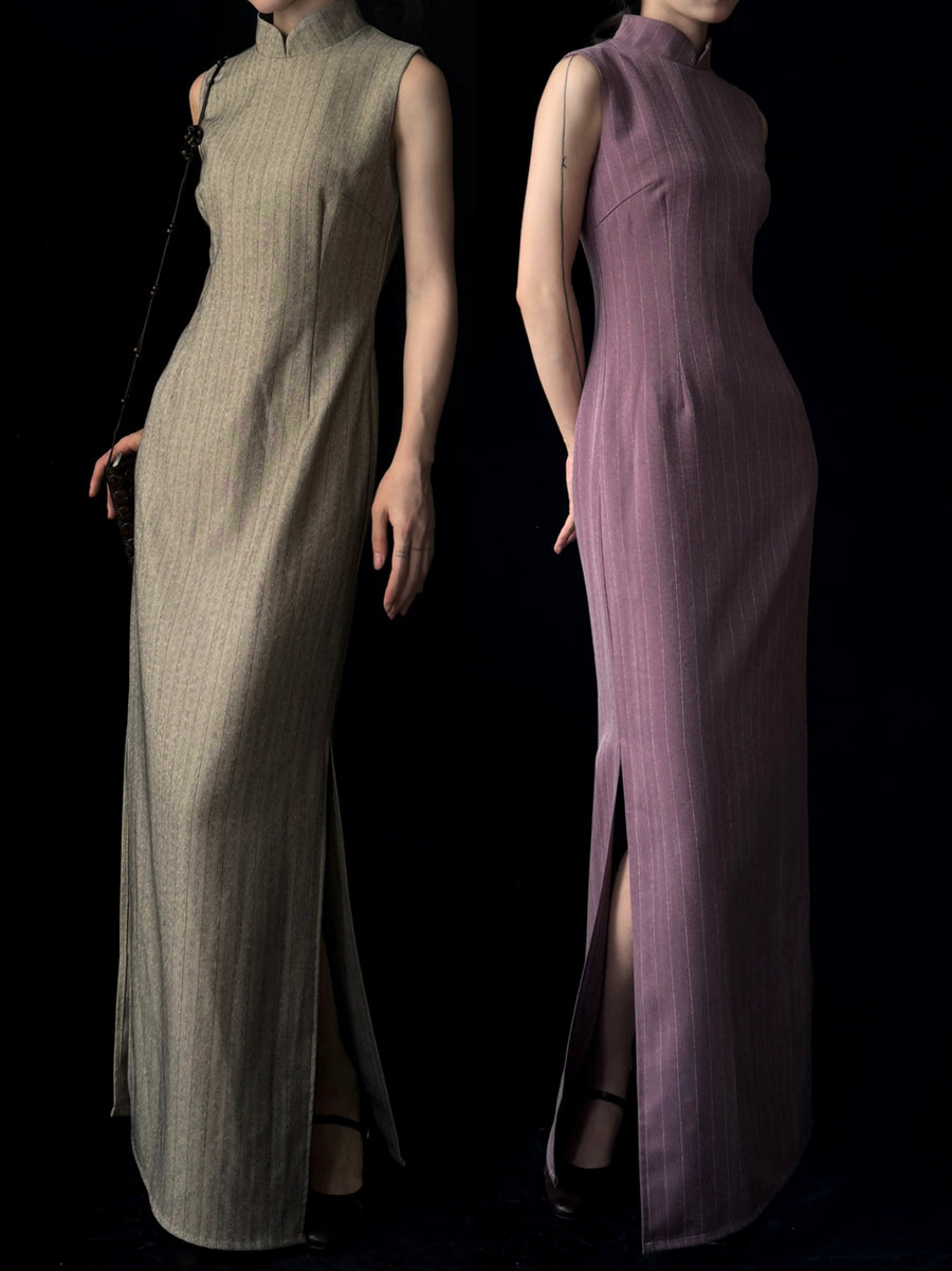 Sukè 素刻 Plain Carving Modernized Pinstripe Sleeveless Qipao