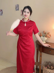 Hong Zhuang 红妆 Red Makeup Plus Size New Chinese Style Ruched Satin Qipao