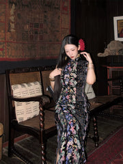 Hua Jiandao 花间道 Path Among the Flowers Modernized Sleeveless Striped Floral Qipao