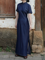 Shuo Ye 朔夜 New Moon Night Modernized Cotton Denim Short Sleeve Qipao