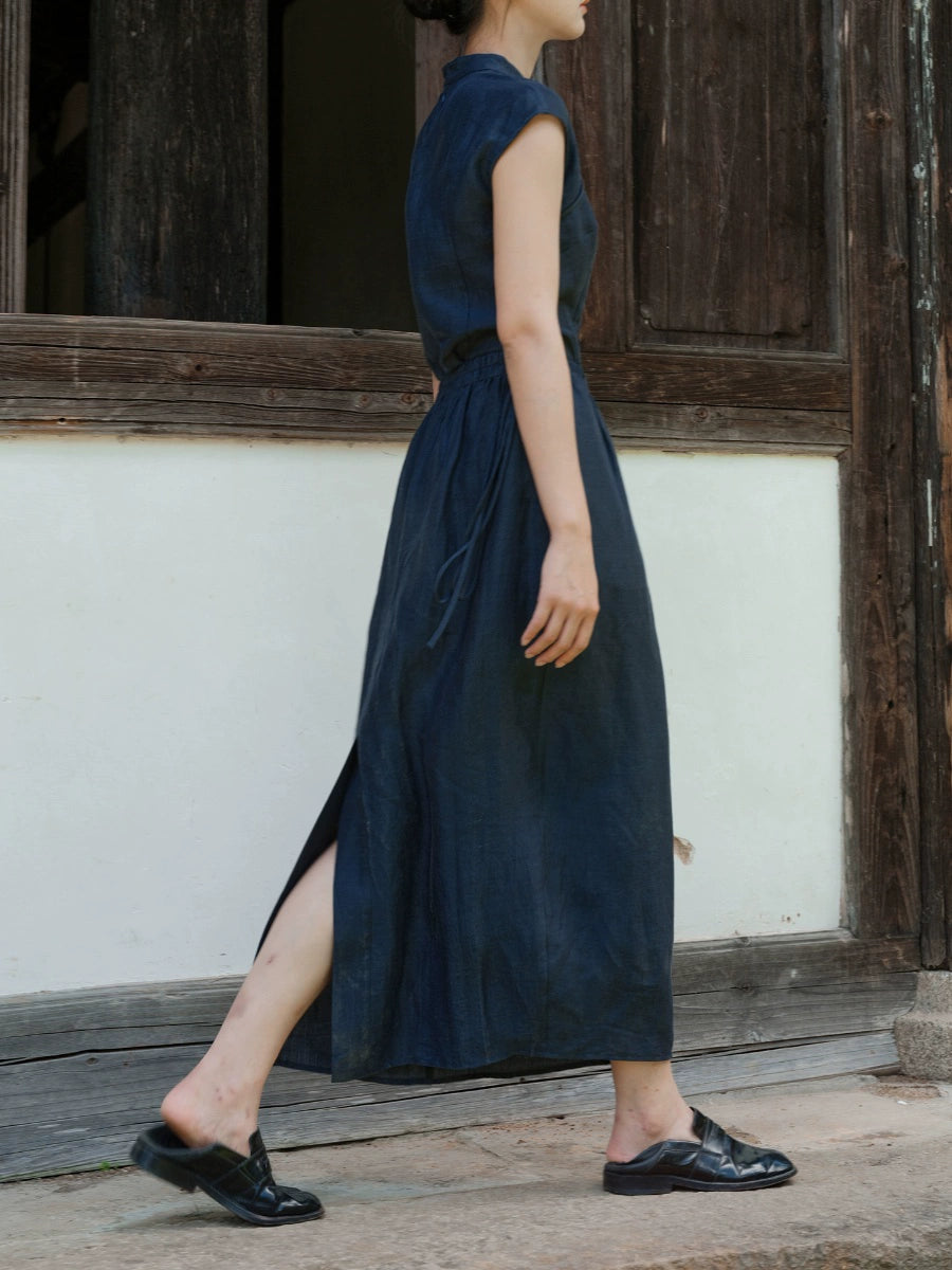 Lan Su 蓝溯 Tracing Blue New Chinese Style Summer Tencel Linen Qipao Top & Skirt Set