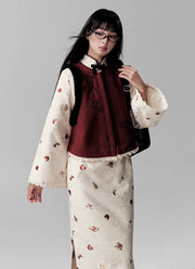 Tian Jiu 甜酒 Sweet Wine Modern Brocade Fleece Lined Long Sleeve Qipao & Fur Bijia Vest Set