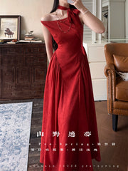 Luori Meigui 落日玫瑰 Sunset Rose New Chinese Style Sleeveless Vintage Boat Neck Flared Dress