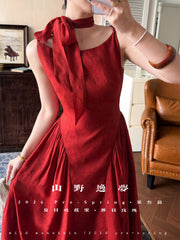 Luori Meigui 落日玫瑰 Sunset Rose New Chinese Style Sleeveless Vintage Boat Neck Flared Dress
