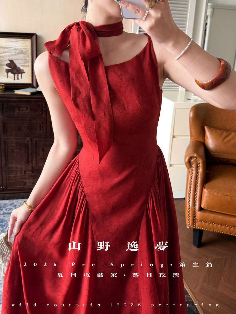 Luori Meigui 落日玫瑰 Sunset Rose New Chinese Style Sleeveless Vintage Boat Neck Flared Dress