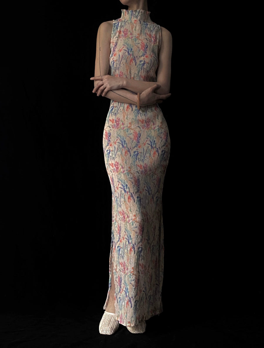 Ning Zhe 凝褶 Frozen Pleats Modernized Floral Accordion Pleat Sleeveless Qipao