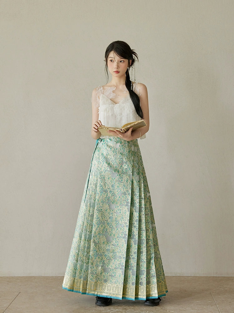 Ting Lan 汀兰 Thin Land Modern Ming Qipao Gilded Leaf Mamian Skirt & Top Set