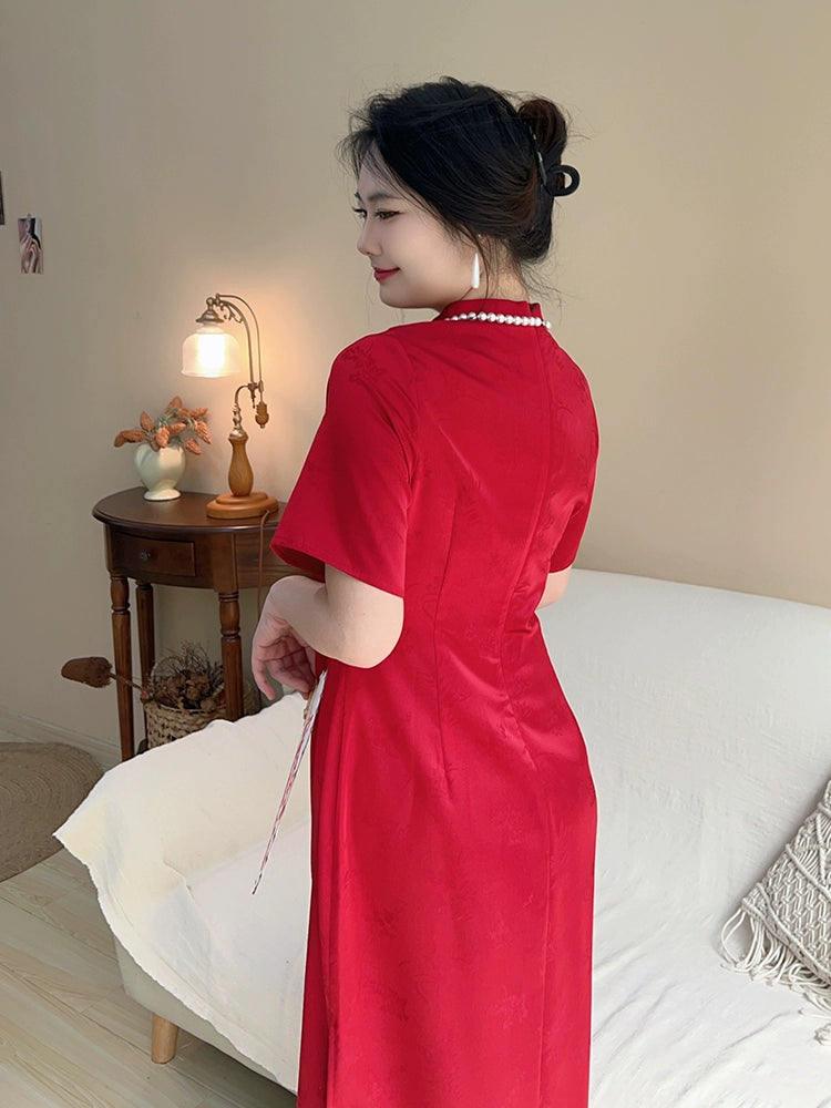 Hong Zhuang 红妆 Red Makeup Plus Size New Chinese Style Ruched Satin Qipao