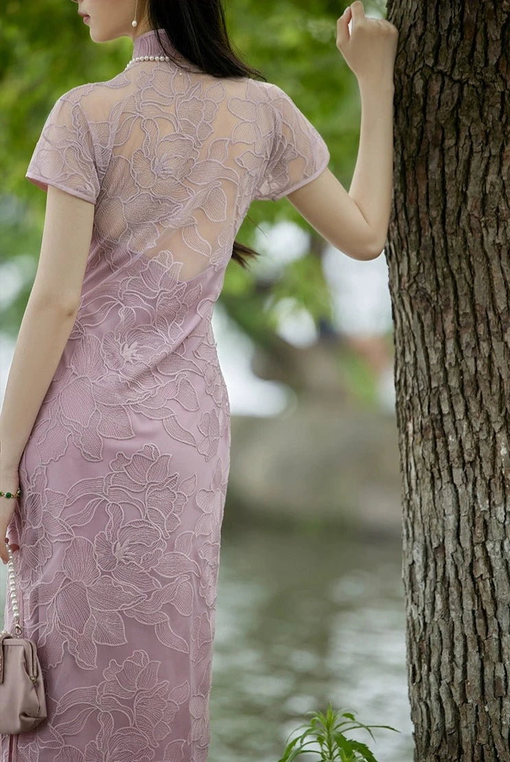 Yue 月 Moon 1920s Inspired Floral Lace Sheer Qipao