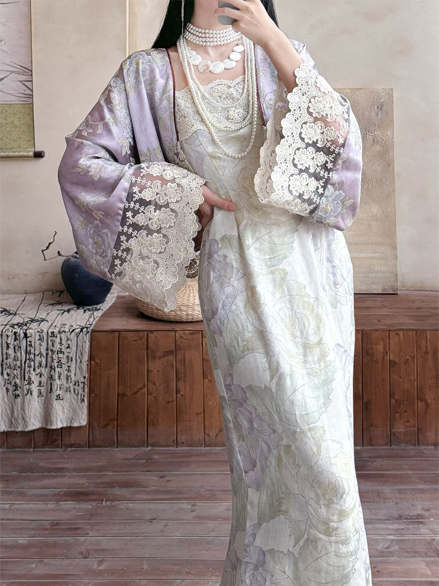 Zi Zhi 紫栀 Purple Gardenia Neo Chinese Lace Hezi Dress & Cardigan Set