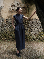 Lan Su 蓝溯 Tracing Blue New Chinese Style Summer Tencel Linen Qipao Top & Skirt Set
