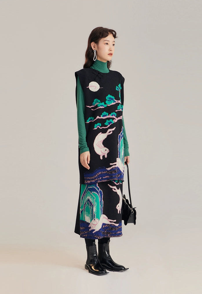 Xi Nao 嬉闹 Frolicking Rabbits New Chinese Style Knit Sweater Vest