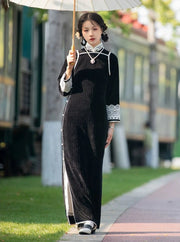 Mei Qi 梅气 Sweet Plum 1920s Velvet Lace Long Sleeve Qipao
