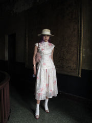 Coconut Grove 满幅椰林 New Chinese Style Embroidered Flamingo Qipao Top & Midi Skirt Set