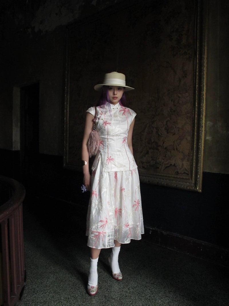 Coconut Grove 满幅椰林 New Chinese Style Embroidered Flamingo Qipao Top & Midi Skirt Set