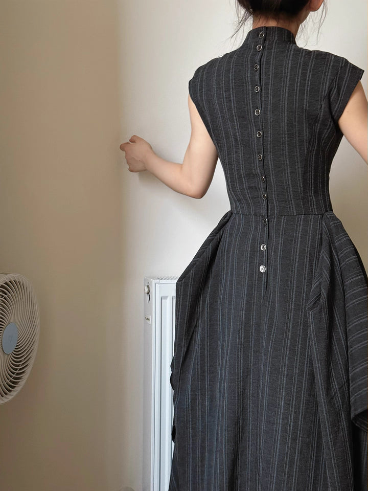 Wednesday 星期三 New Chinese Style Pinstripe Square Skirt Victorian Qipao Dress