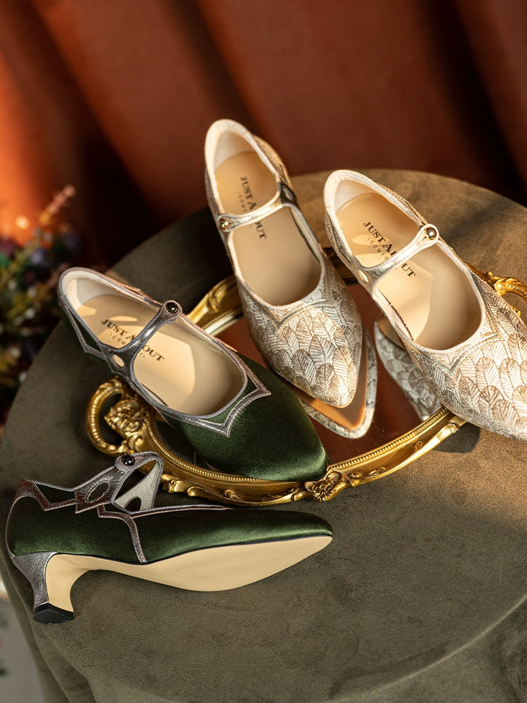 Yu Hou 玉后 Empress of Jade 1930s Genuine Leather Wine Heel Pointed Toe Mary Janes