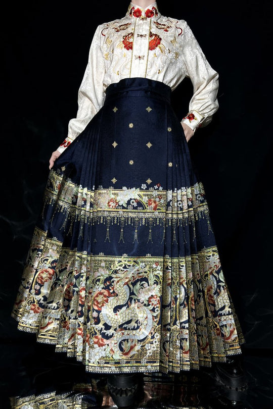 Song-Ming Dynasty Modern Hanfu Set with Long Sleeve Top and Mamian Skirt - Hundred Butterflies 百蝶绘 (Preorder)