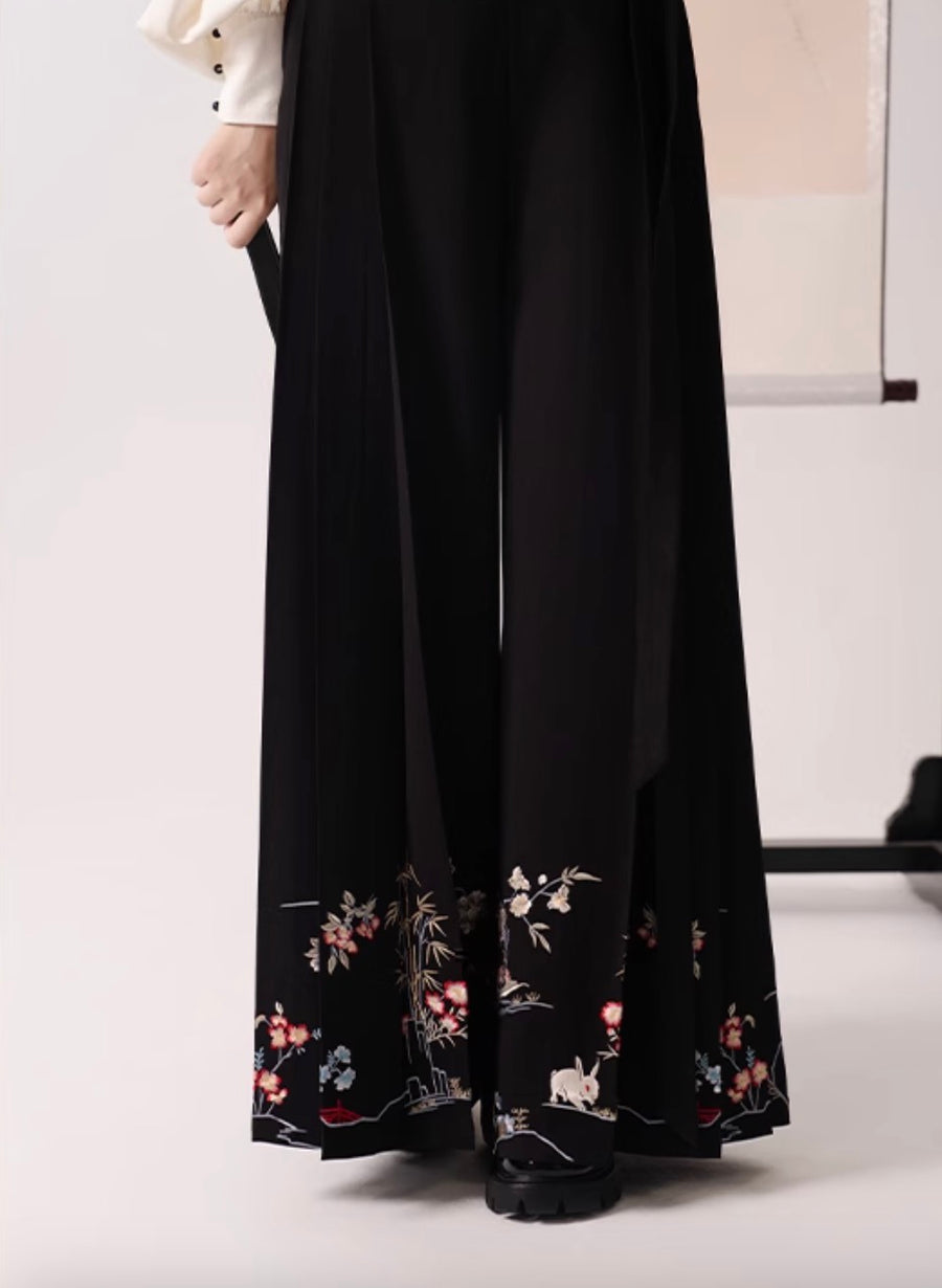 Yimeng Huayu 遗梦花语 A Flower's Language Modernized Ming Mamian Wide Legged Trousers & Drape Top Set