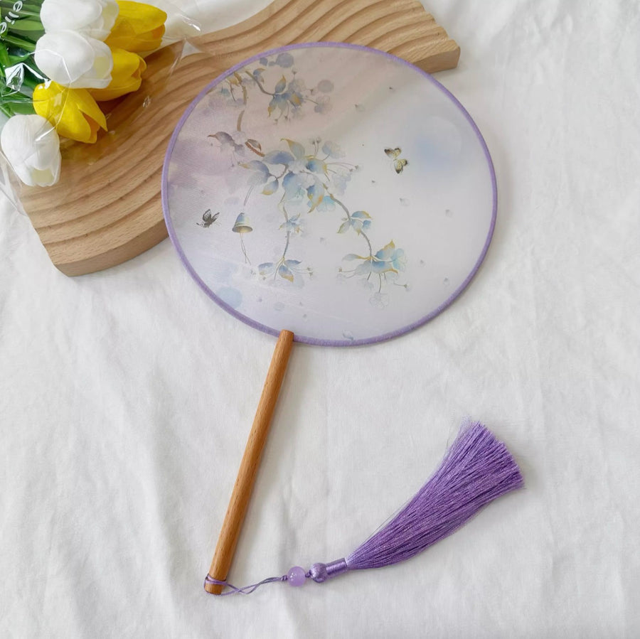 Shanzi 扇子 Translucent Silk Floral Print Tuanshan Round Fan