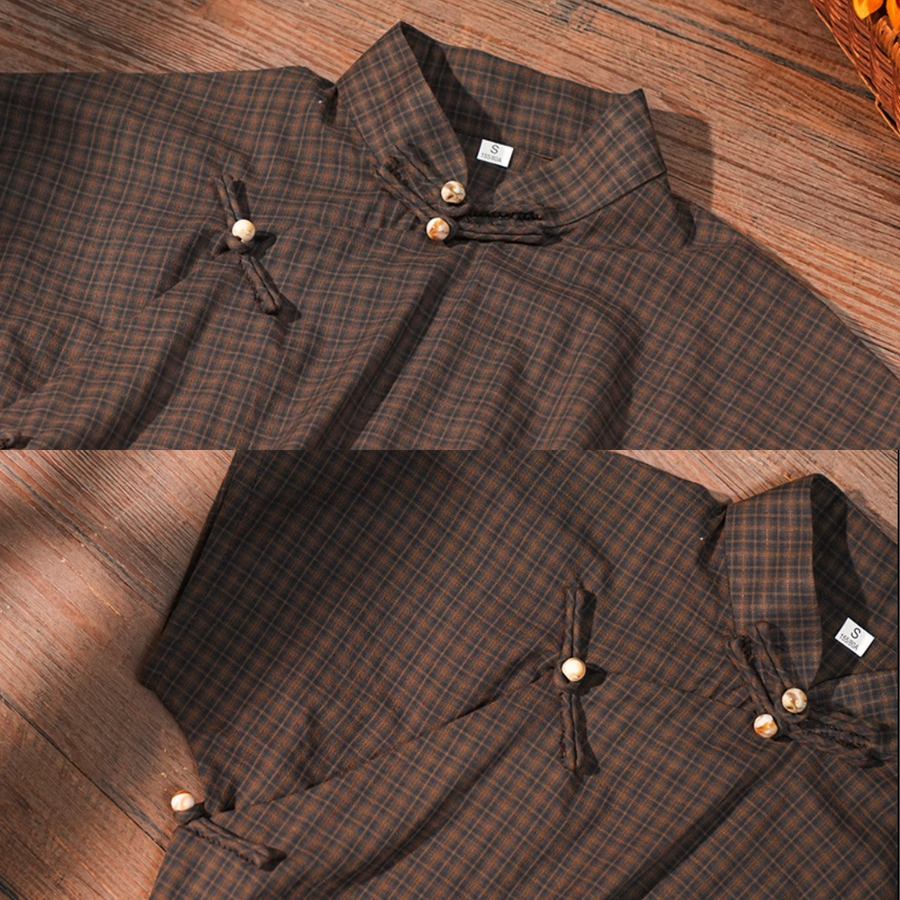 Song Lü 松露 Dark Truffle Republic of China Plaid Jacquard Short Sleeve Qipao